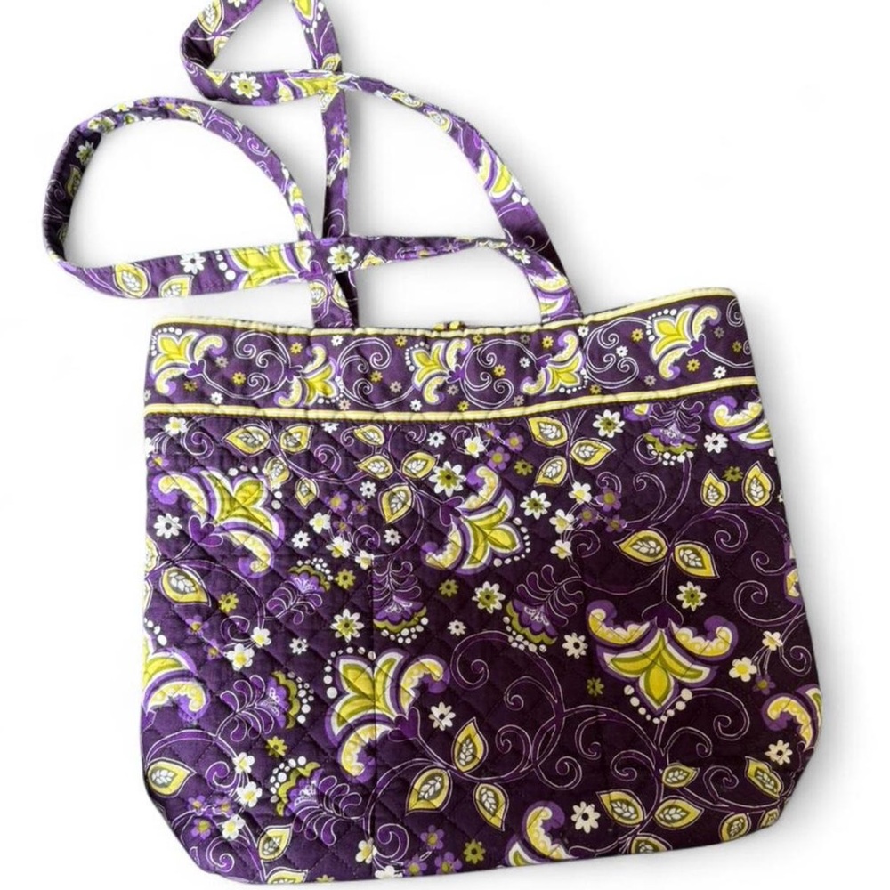 Purple Floral Quilted Tote Bag with Yellow Accents